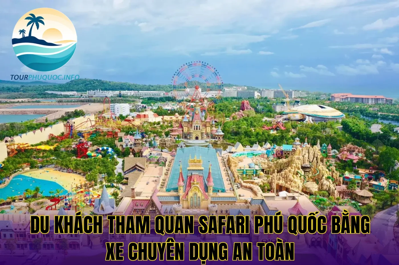 Du khách tham quan Safari Phú Quốc bằng xe chuyên dụng an toàn